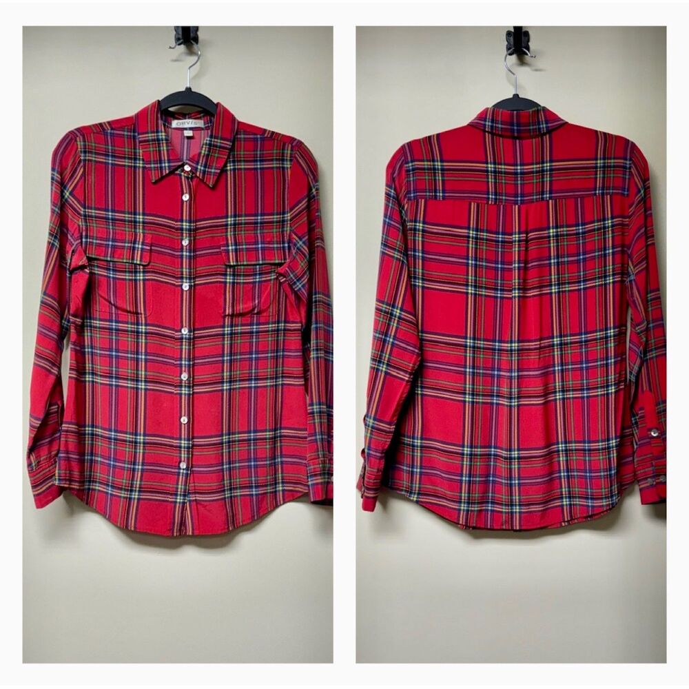 ORVIS 100% Silk Holiday Plaid Button-Down Blouse, Sz S